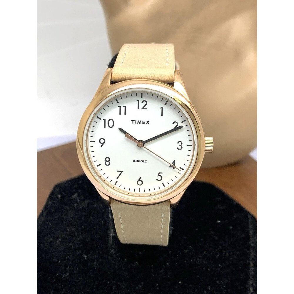 Timex Women's Watch TW2T72400 Indiglo White Dial Quartz Beige Leather Strap 32mm